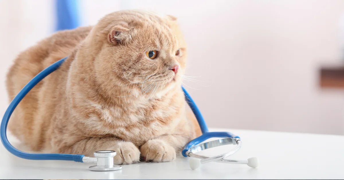 A light orange cat with folded ears lies on a white surface with a blue stethoscope draped around its neck.